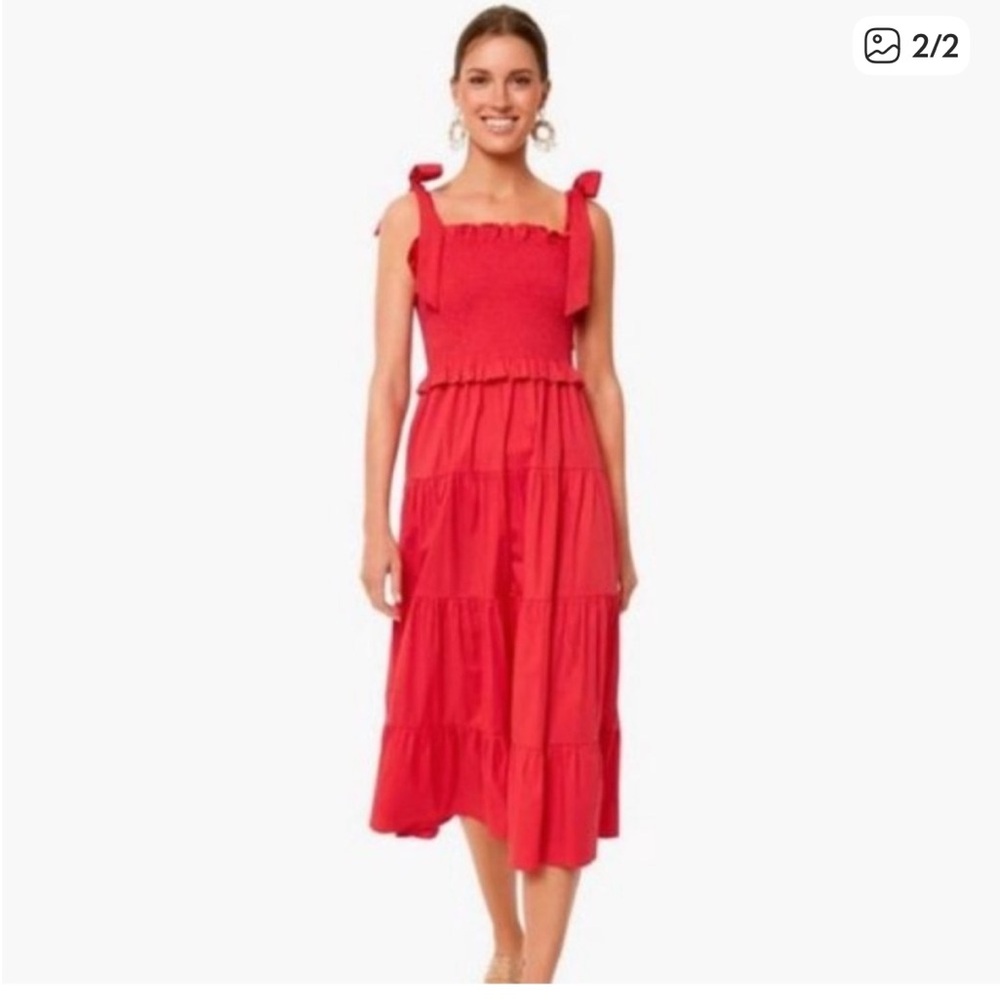 Tuckernuck Smocked Tie Midi Dress Poppy Red Alannah Tiered Cottagecore Size M